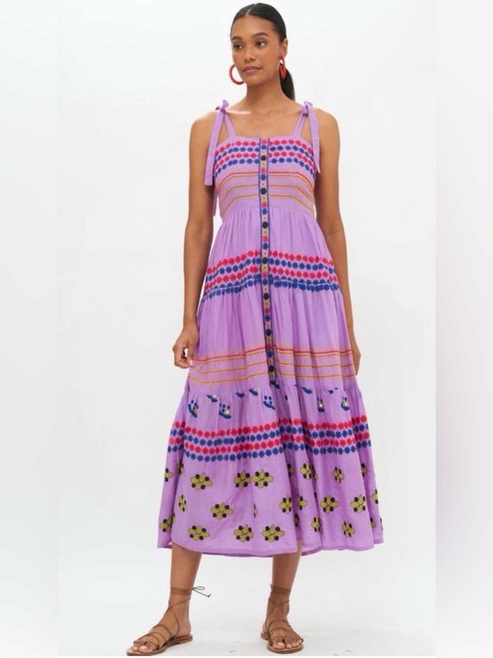 Oliphant Lilac Tie-Shoulder Tiered Midi Dress with Floral Embroidery